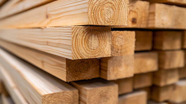 Stack of Lumber: Close-up on neatly stacked timber, highlighting wood grain and texture. Perfect for carpentry, construction, and woodworking projects.