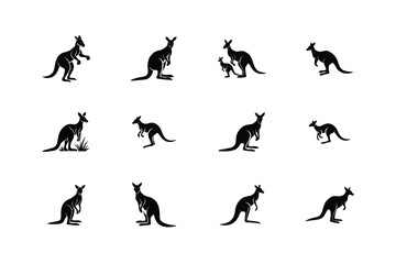 Collection of silhouetted kangaroos in various poses and sizes on a white background