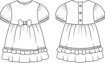 Baby girl dress flat sketch, cute puff sleeve dress, vector cad drawing, ruffle hem design, bow front clothing template