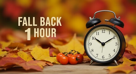 Fall back 1 hour text with a vintage alarm clock and small tomatoes on a wooden surface with autumn leaves background