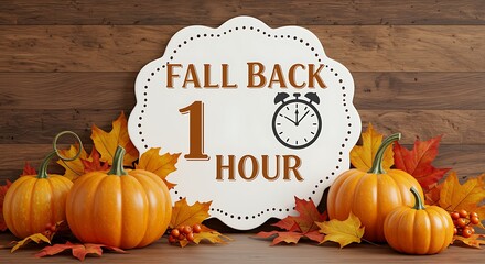 Pumpkins and autumn leaves surround a decorative sign that reads fall back 1 hour with a clock icon