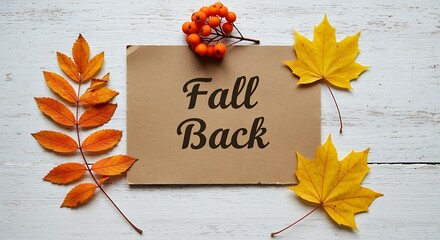 Fall back text on a brown card with autumn leaves and berries on a white wooden background