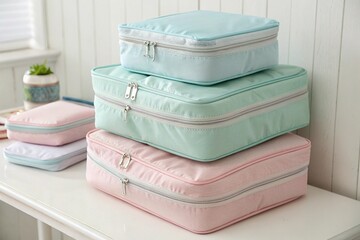 Stack of pastel colored packing cubes with zippers on a white surface near a potted plant