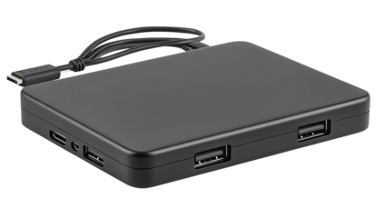 Black USB hub with several ports and attached cable