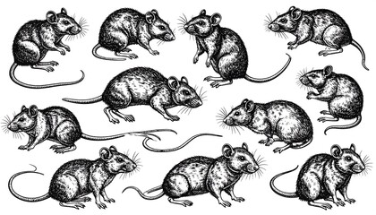 A collection of various sketches of rodent creatures, with detailed fur and slender tails in a monochromatic, vintage illustrative style