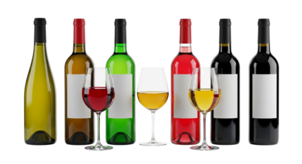 Collection of wine bottles and glasses filled with red and white wine, isolated on transparent background