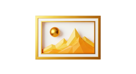 Golden framed artwork of abstract yellow mountains and a sun, isolated on transparent background