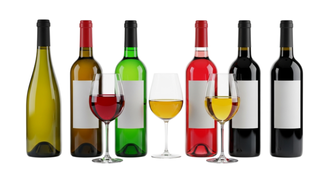 Collection of wine bottles and glasses filled with red and white wine, isolated on transparent background