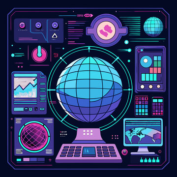 A high-tech vector graphic set featuring a futuristic control system HUD interface, designed in a cyberpunk style. Includes UI elements such as a 3D Earth globe, charts, diagrams, screens, and data di