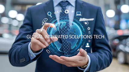 Businessman holding digital globe with technology icons suit global