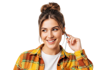 Young woman with messy bun hairstyle wearing a plaid shirt, smiling and looking away, isolated on transparent background