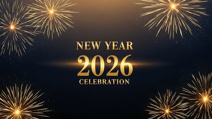 Festive New Year 2026 Celebration with Fireworks Display, Sparkling Light Effects, and Elegant Gold Text on Dark Night Sky for Year-End Party, Holiday Greetings, and New Year's Eve Events