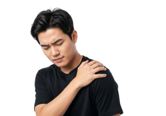 Man with shoulder pain, holding his shoulder with a pained expression isolated on transparent background