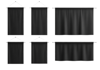 Set of black fabric banners and curtains hanging on a transparent background, isolated on transparent background