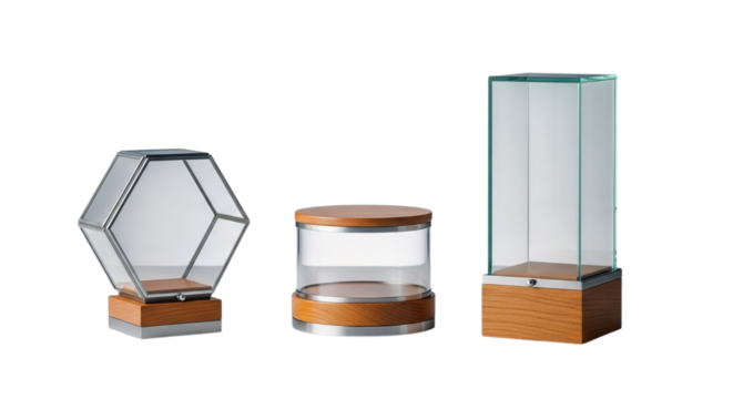 Three display cases with glass and wood bases isolated on transparent background