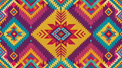 Guatemalan Huipil Weave Pattern, Mayan indigenous geometric diamond textile in vibrant magenta, turquoise and gold, seamless background for fabric, wallpaper, wrapping paper and print