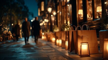 Night Scene Elegant Shopping Street Warm Lighting Lanterns Paper Bags Exterior