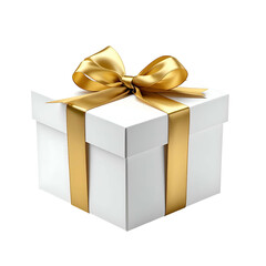 Obraz premium A white square present tied with a luxurious gold ribbon and bow, set against a black backdrop