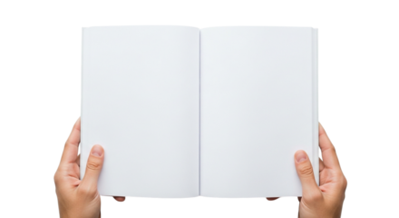 Person holding an open blank book, isolated on transparent background