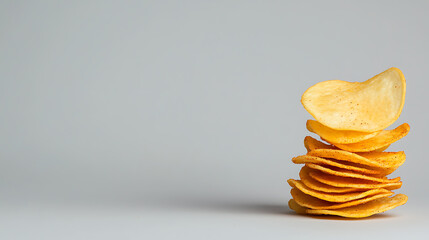 A stack of potato crisps. The golden, seasoned snacks are perfect for satisfying salty cravings. Their wavy texture adds to their visual appeal.