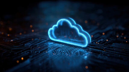 Glowing blue cloud symbol on dark circuit board background, representing cloud based cybersecurity technology