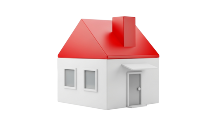 Simple white house with red roof and chimney isolated on transparent background