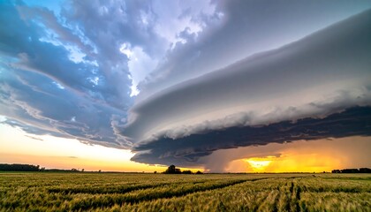 A dramatic cloud formation dominates the sky over a cultivated field. The sun breaks through the storm clouds at sunset, casting golden light