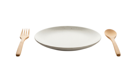 Simple place setting with white plate, wooden fork, and wooden spoon isolated on transparent background