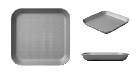 Set of three grey metal trays with different perspective isolated on transparent background