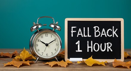 Alarm clock and chalkboard sign reminding to fall back one hour for daylight saving time with autumn leaves