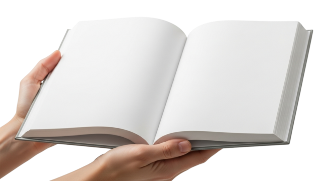 Hands holding an open blank book isolated on transparent background