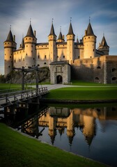 Obraz premium Majestic medieval castle at sunset with reflective moat and wooden bridge entrance