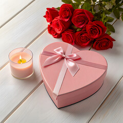 Valentine’s Day scene. Elegant heart gift box, roses and candle on wooden background