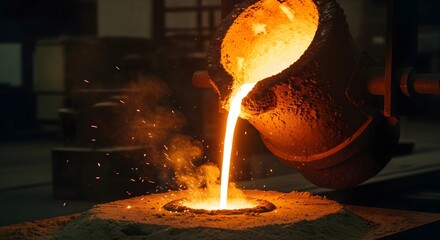 Molten metal pouring in foundry workshop with sparks for industrial manufacturing and craftsmanship
