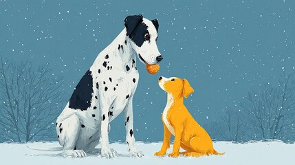 Dalmatian and Labrador Retriever Puppies Playing in Snowy Winter Landscape