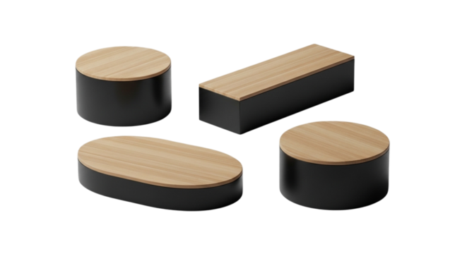 Set of four modern minimalist storage containers with wooden lids isolated on transparent background