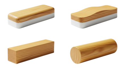 Four wooden blocks with white bases isolated on transparent background