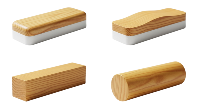 Four wooden blocks with white bases isolated on transparent background