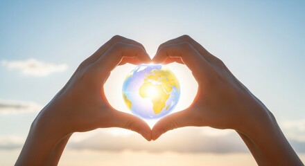 Hands forming a heart shape around the Earth globe with sunlight shining through.