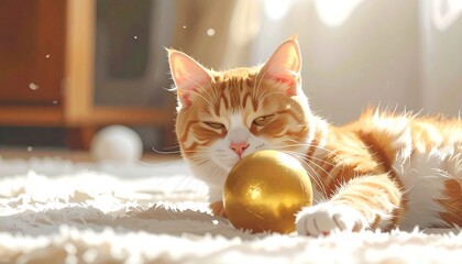 A fluffy orange tabby cat relaxes on a soft white rug, basking in warm sunlight. It snuggles a golden orb, eyes half-closed