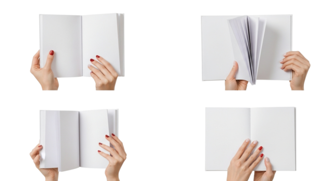 Collage of four closeup shots showing hands holding and turning the pages of a blank white open book, isolated on a transparent background