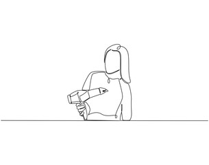 Woman using hair dryer continuous line art. Woman holding hair dryer one line drawing. Woman grooming tool concept vector illustration