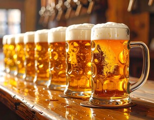 A row of frosty steins filled with golden liquid and creamy foam sits on a shiny wooden bar. Backbar taps blur