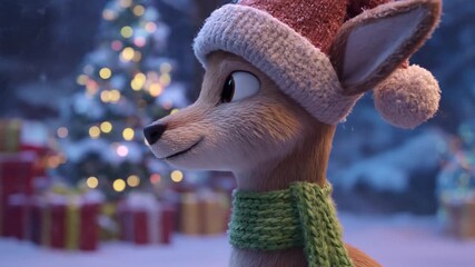 Whimsical animated deer in Santa hat and green scarf, smiling in a snowy winter wonderland with blurred festive Christmas tree and gifts - Powered by Adobe