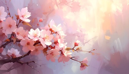 A delicate, ethereal illustration features a flowering branch with soft pink blossoms, bathed in warm sunlight, against a blurred background