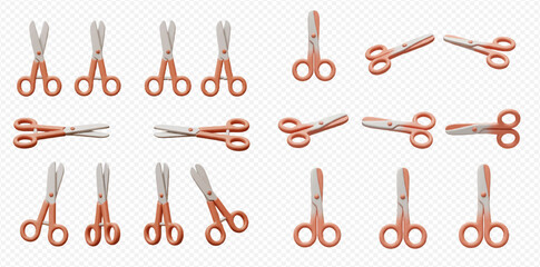 Naklejka premium A collection of images featuring various pairs of scissors in different orientations and positions.