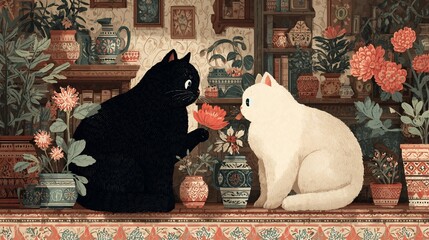 Cute Black and White Cats Playing with Flowers in Vintage Style Interior
