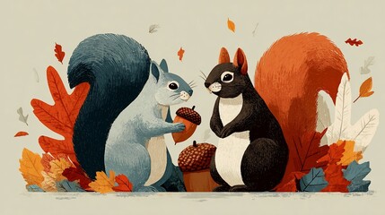 Cute Cartoon Squirrels Sharing Acorns in Autumn Forest Scene