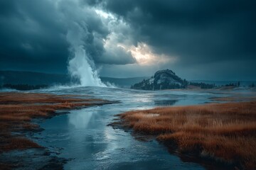 Obraz premium thermal pools, mist rising from water. Generative AI
