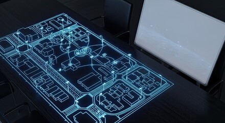 Futuristic Interactive Blueprint Display with Digital Overlay